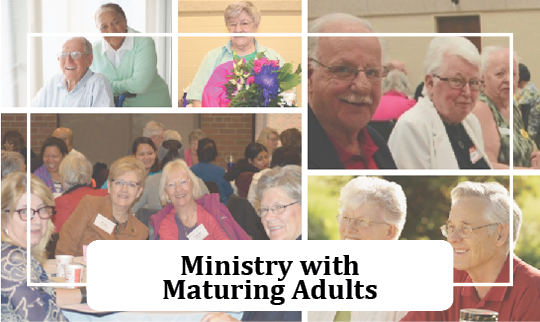 collage of adults 50+ sitting and talking at a ministry event
